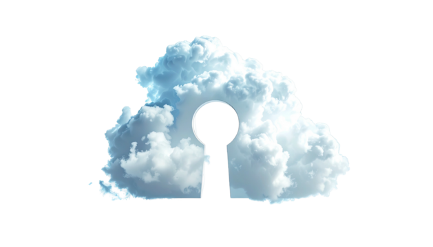 A fluffy, illuminated cloud silhouette with a keyhole cut out of its center, set against a black background