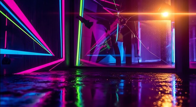 Vibrant neon light reflections on a wet floor creating a futuristic geometric pattern in a dark space.