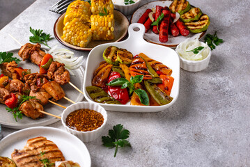 Assortment of grilled bbq meat and vegetables