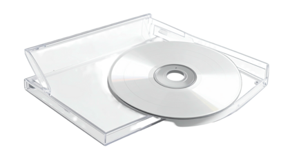 Clear, opened CD case with a silver disc on a black background, showcasing tech