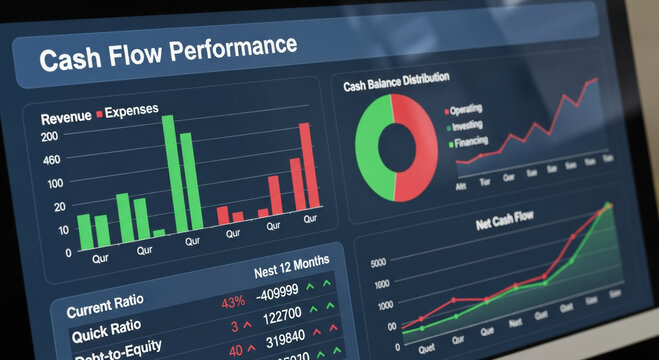 Professional business dashboard for cash flow management and financial analysis. report shows performance data with chart tracking revenue and expense for growth