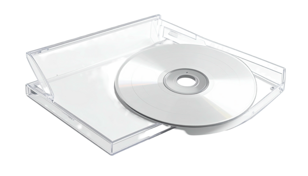 Clear, opened CD case with a silver disc on a black background, showcasing tech