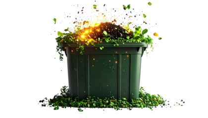 A compost bin overflowing with greenery and exploding with organic matter, set against black