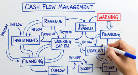 Focused on crucial business process of cash flow management. hand drawing diagram explains revenue, investment, and financing for financial planning and control
