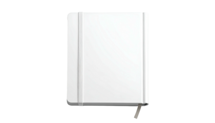 A blank white notebook with a pen holder and elastic band on a dark background