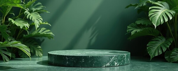 Fototapeta premium Green marble podium platform rests on textured surface surrounded by rich tropical monstera leaves. Natural lighting creates soft shadows on background wall. Empty stage displays product.