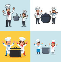 Four cartoon illustrations of happy chefs with cooking pots, celebrating success.
