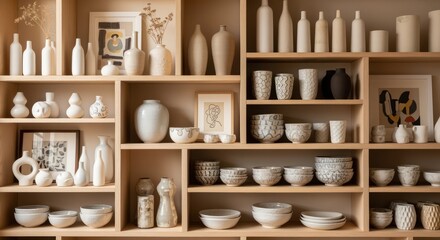 Modern ceramic pottery display showcasing elegant vases bowls and decorative art pieces on shelves