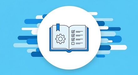 Software bill of materials open book with gears and checklist, representing manual or guide
