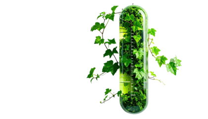 A clear capsule filled with green liquid and growing plant matter against a stark black background