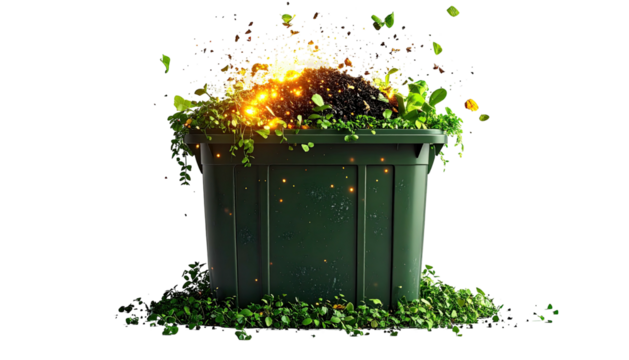 A compost bin overflowing with greenery and exploding with organic matter, set against black