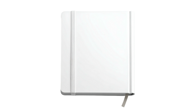 A blank white notebook with a pen holder and elastic band on a dark background