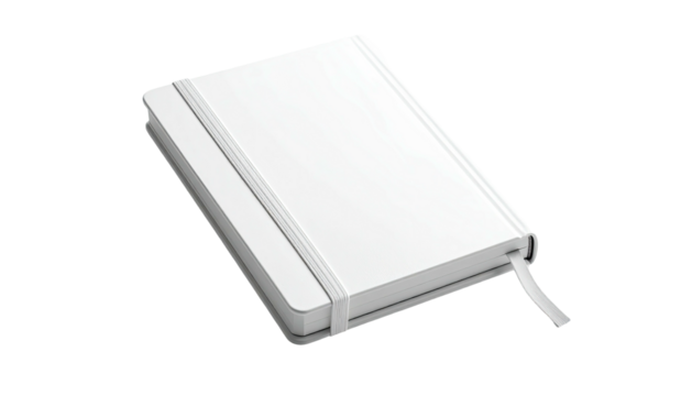 A blank, white hardback notebook, slightly angled with a matching elastic band