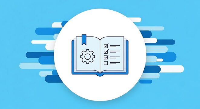 Software bill of materials open book with gears and checklist, representing manual or guide