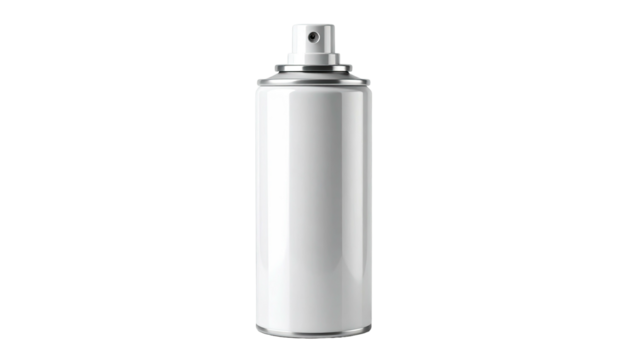 A white spray paint can against a black background. Simple studio shot of a common aerosol