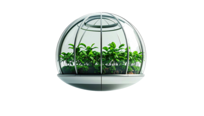 A futuristic, spherical greenhouse with transparent panels, housing lush green plants