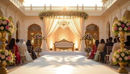 Palace courtyard Pakistani wedding stage decoration with royal seating.