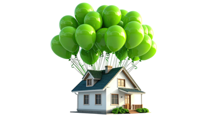 A charming house is lifted by a cluster of green balloons against a stark black backdrop