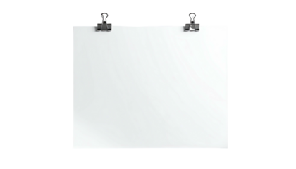 Plain white paper secured by clips. Suspended on a black background, waiting to be filled
