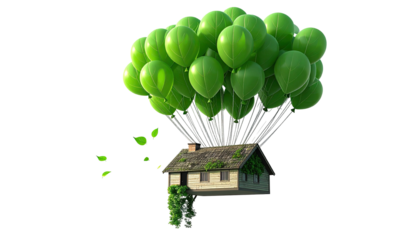 A whimsical house floats upward, propelled by a bundle of green balloons