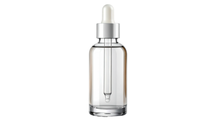 A clear glass serum bottle with a dropper against a stark black background