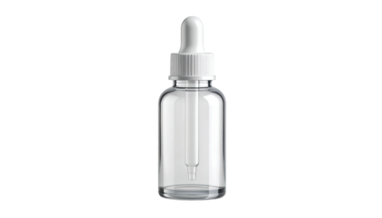 Clear glass dropper bottle, white cap and applicator, isolated on a stark black background
