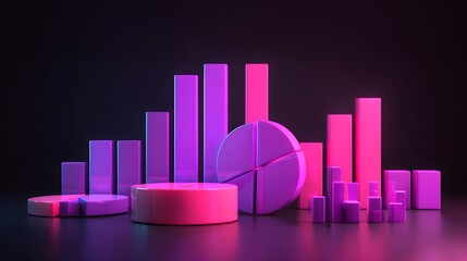 Three dimensional geometric shapes representing statistical data visualization elements glow under vibrant lighting