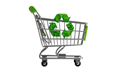A shopping cart holds the green recycling symbol on a stark black background