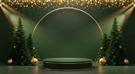 Festive Green Christmas Scene with Golden Decorations and Product Display Podium Perfect for Elegant Product Presentation and Advertising