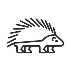 A simplified line drawing of a porcupine with quills short legs and a face with a pointed snout