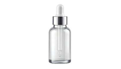 A clear glass bottle with a silver cap and a dropper, against a black background