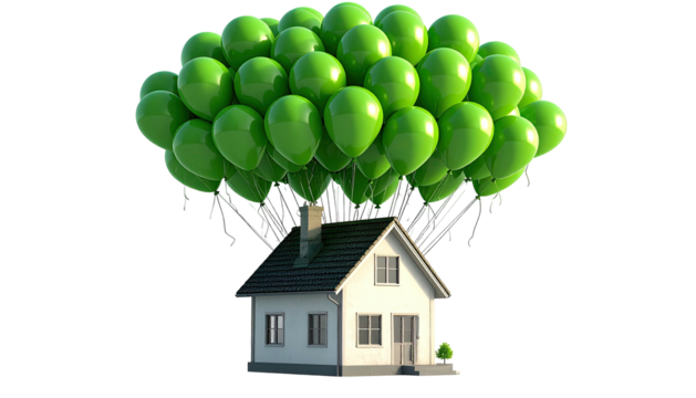 A small house being lifted upwards by a large cluster of green helium balloons
