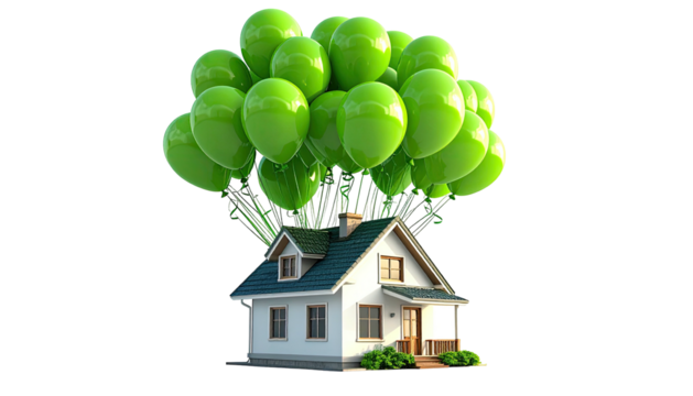 A charming house is lifted by a cluster of green balloons against a stark black backdrop