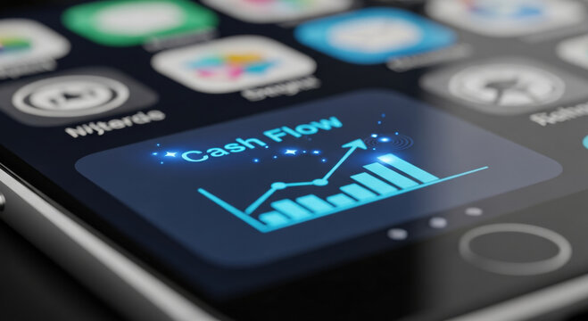 Optimistic business cash flow management on smartphone application screen. glowing blue graph shows positive financial growth and successful finance technology investment