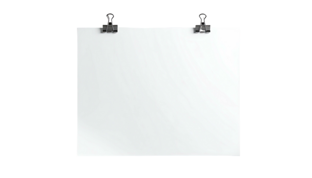 Plain white paper secured by clips. Suspended on a black background, waiting to be filled