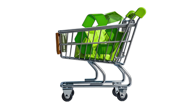 A shopping cart overflowing with a green recycling symbol, on a transparent background