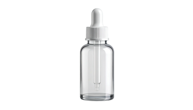 Clear glass dropper bottle, white cap and applicator, isolated on a stark black background
