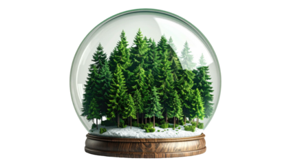A clear glass sphere houses lush evergreen trees on a snow-covered base against a stark black background