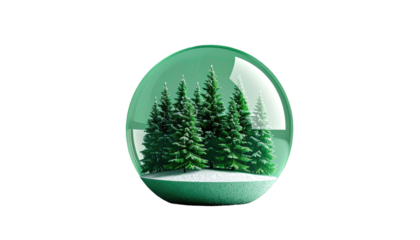 A wintry scene of evergreen trees dusted with snow inside a clear glass globe