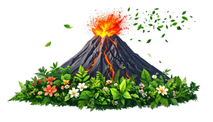 Animated volcano erupting, surrounded by lush plants, flowers, and floating green leaves