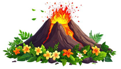A cartoon volcano erupts, surrounded by vibrant flowers and lush green foliage