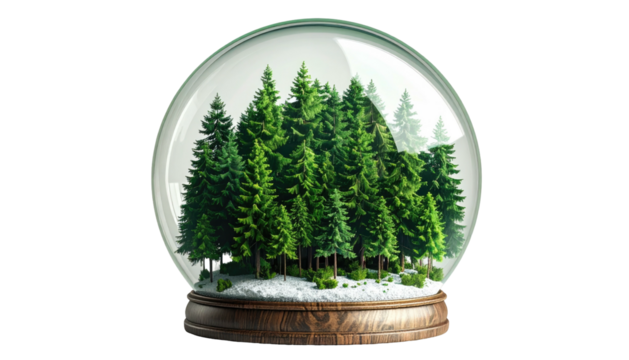 A clear glass sphere houses lush evergreen trees on a snow-covered base against a stark black background