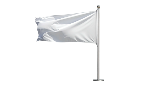 A white rectangular flag, waving in the wind, mounted on a silver metallic pole, isolated