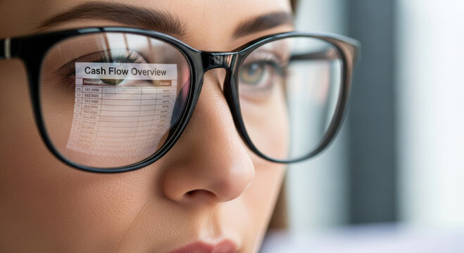 Focused business woman with glasses analyzes financial report. reflection shows cash flow overview spreadsheet indicating careful financial management and planning