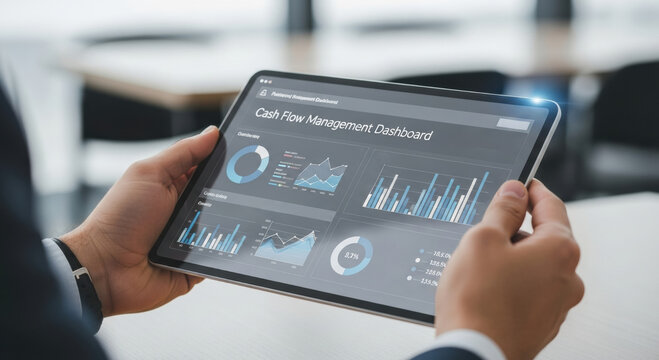 Focused professional analyzing business cash flow management on tablet dashboard. This financial analysis involves checking data for investment strategy and company profit growth