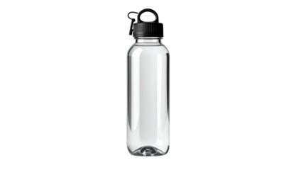 Transparent, cylindrical bottle filled with clear liquid. Black cap with a flip-top closure. Isolated on black