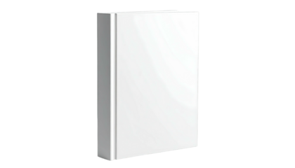 Isometric view of a hardcover book with a bright, white cover on a solid black backdrop