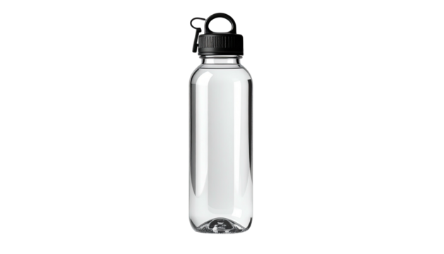 Transparent, cylindrical bottle filled with clear liquid. Black cap with a flip-top closure. Isolated on black