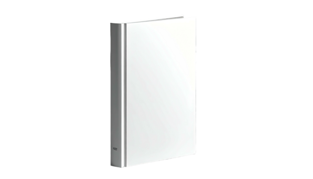 Rendered illustration shows a tall, upright, plain white book with silver edging and spine - Powered by Adobe