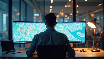 Man works on transportation network project using city maps on computer screens. He designs routes in modern office. Workplace with laptop, light and two displays aids focus.